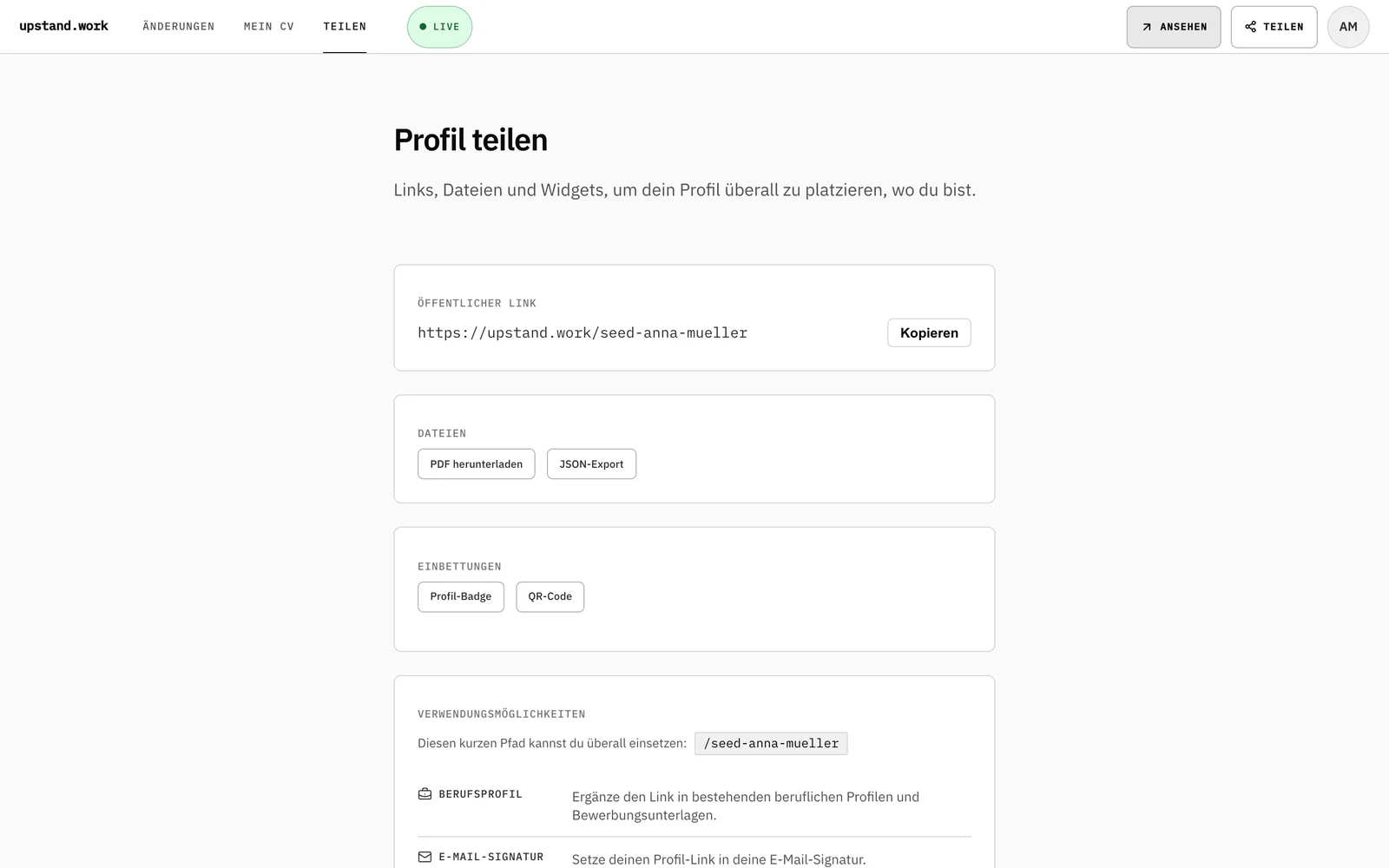 Teilen: öffentlicher Link, PDF, JSON-Export, Profil-Badge und QR-Code.